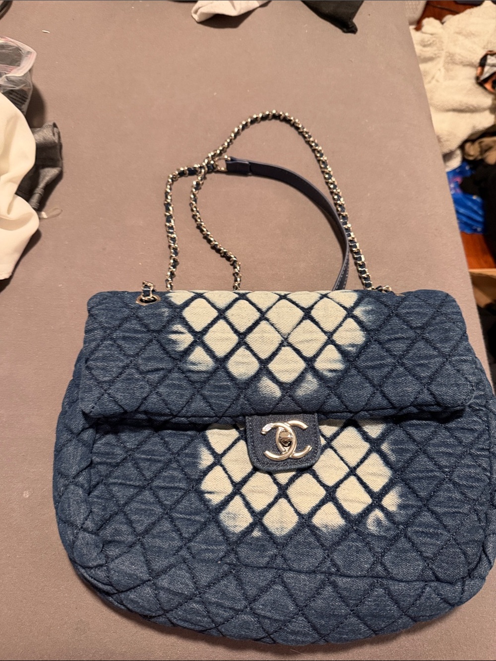 Denim Quilted Blue & White Shoulder Bag with Chain Strap